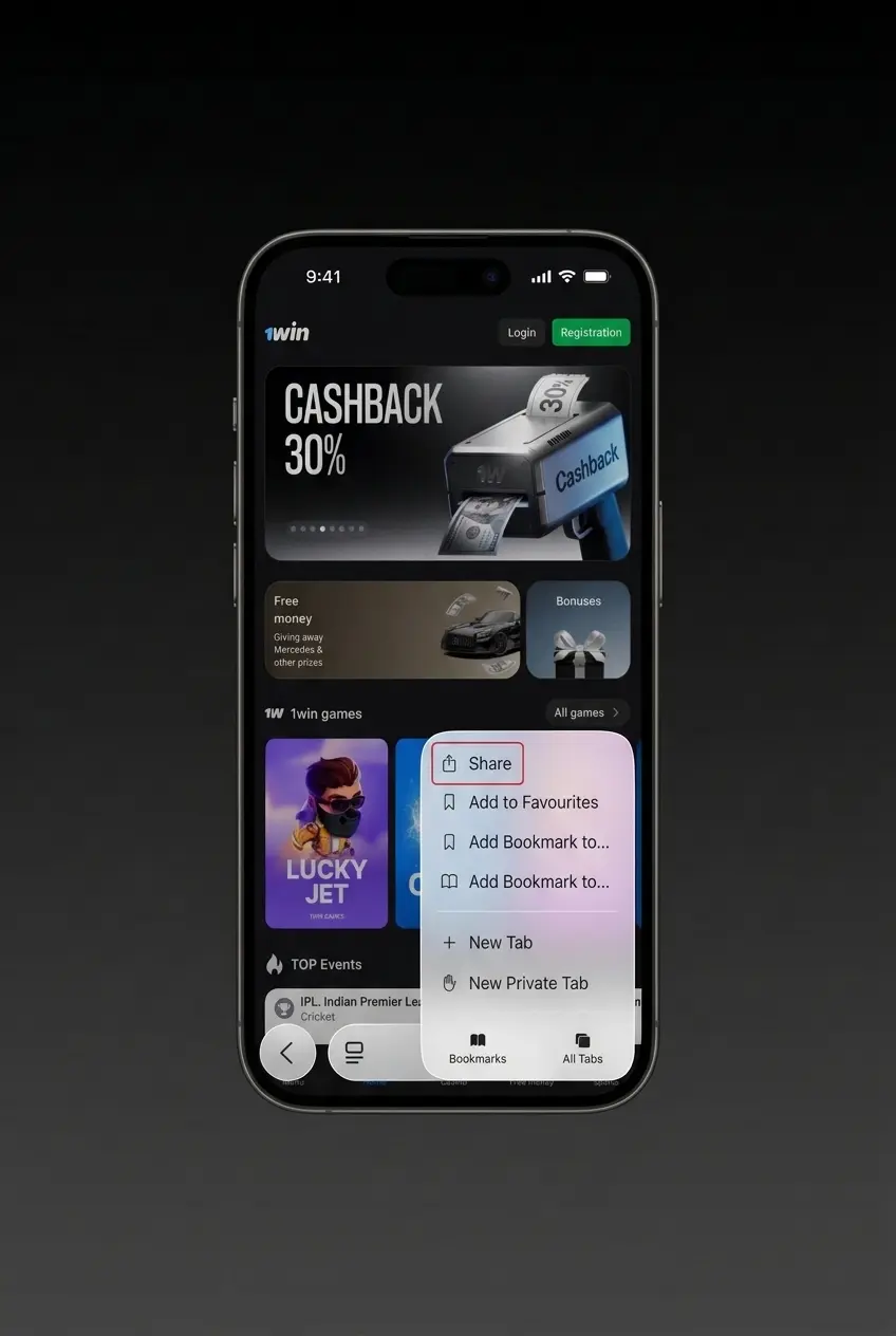 1win PWA installation steps on iOS Safari showing download, registration, share menu, and add to home screen process