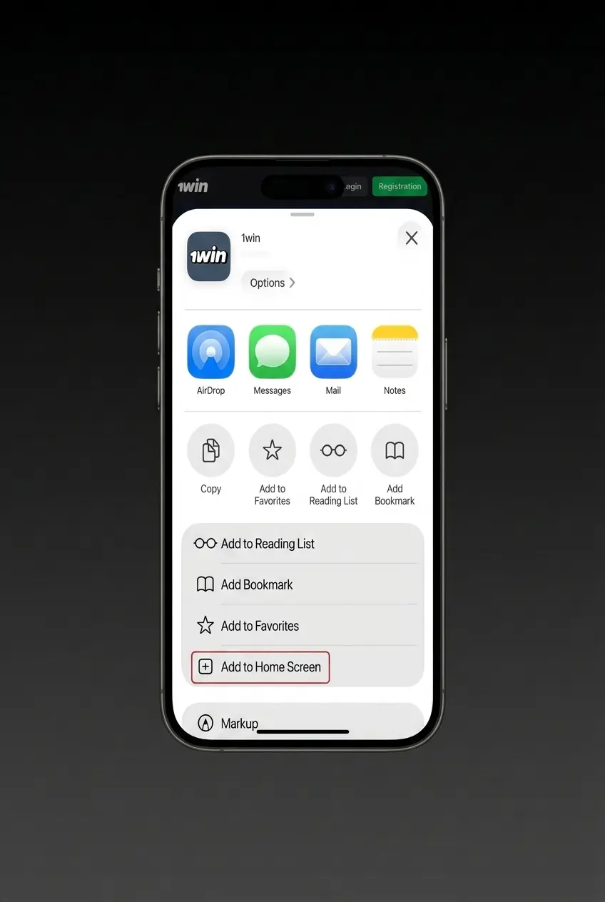 1win PWA installation steps on iOS Safari showing Add to Home Screen process for instant app access