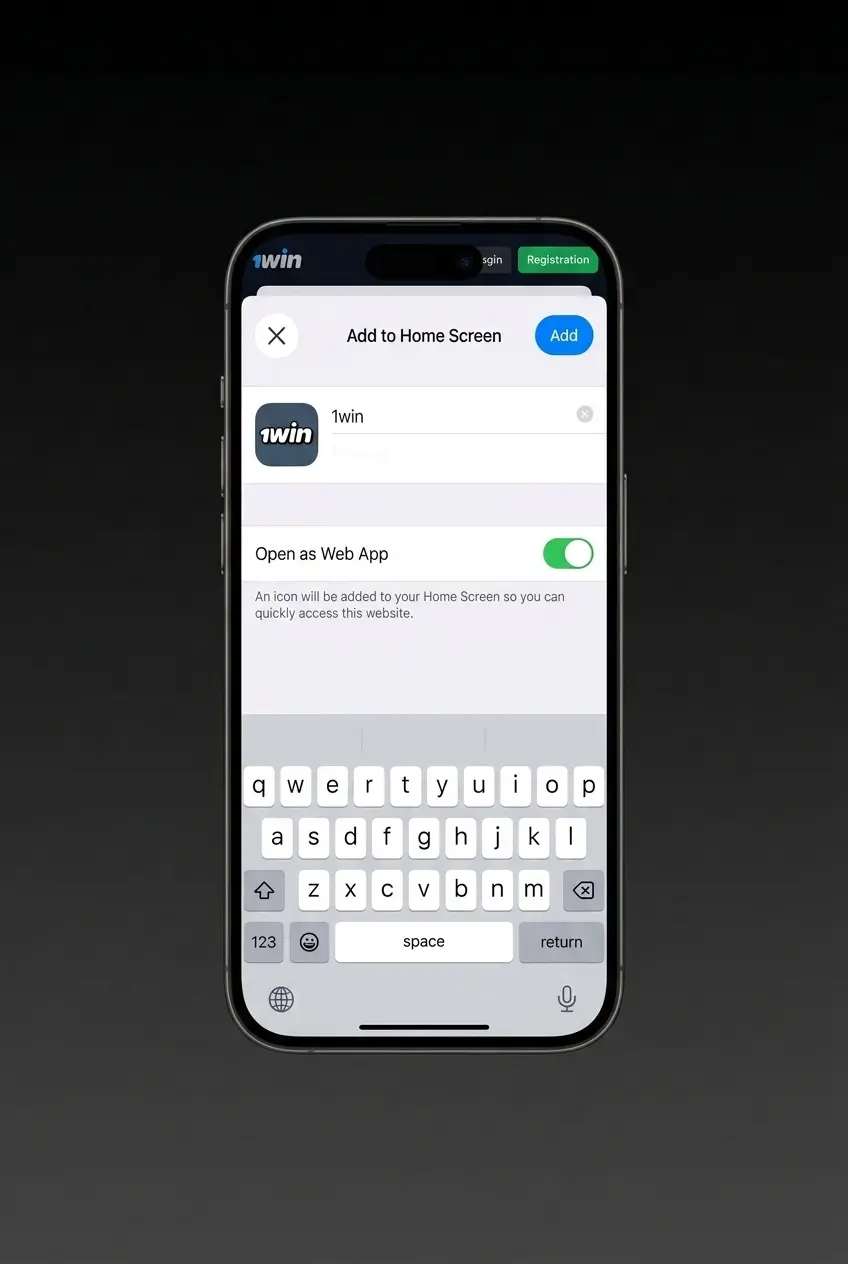 1win PWA installation steps on iOS Safari showing download, registration, share menu, and Add to Home Screen process