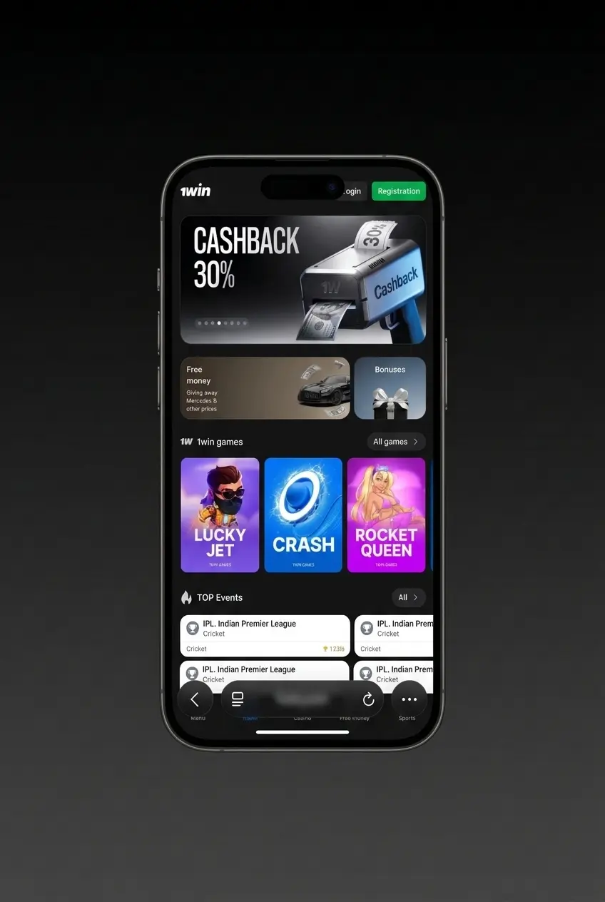 1win PWA installation steps on iOS Safari showing download, registration, share menu, and add to home screen process