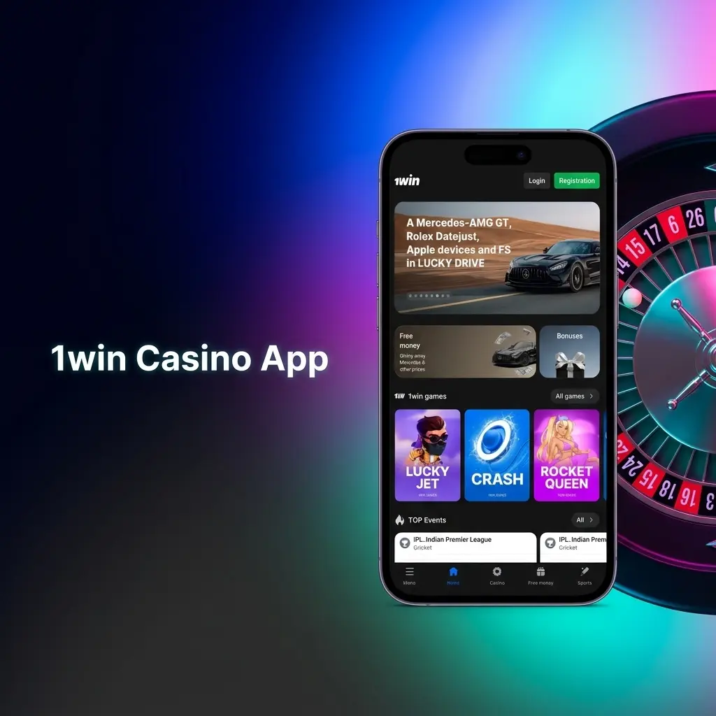 1win casino app home screen showing live casino games, slots, and sportsbook with 500% welcome bonus offer