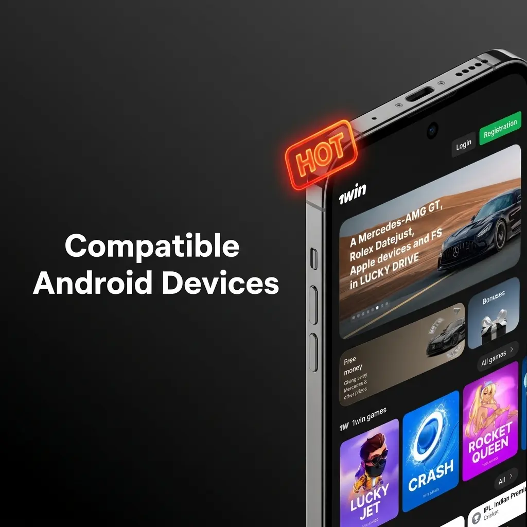 List of compatible Android devices for 1win app including Samsung, Redmi, Realme, POCO, Vivo, OnePlus and Motorola models