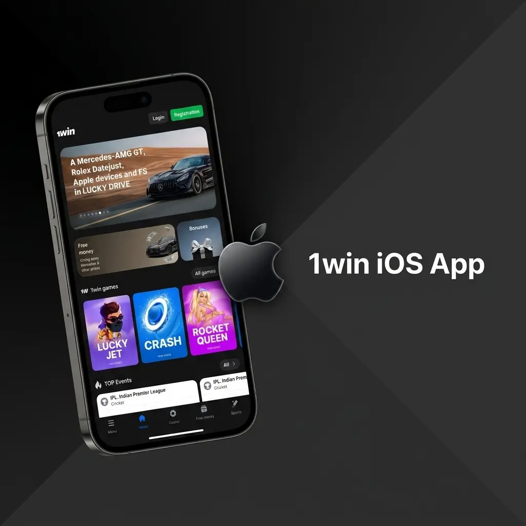 1win iOS app interface on iPhone and iPad showing sports betting, live casino, and slots features