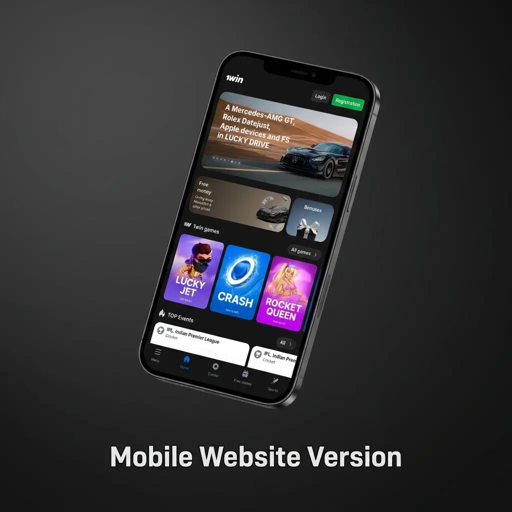 1win mobile website on smartphone browser showing responsive design with sports betting and casino access