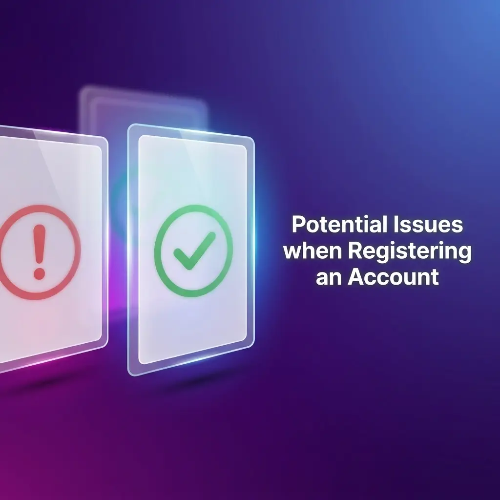 Troubleshooting guide showing common account registration problems and step-by-step solutions for new users