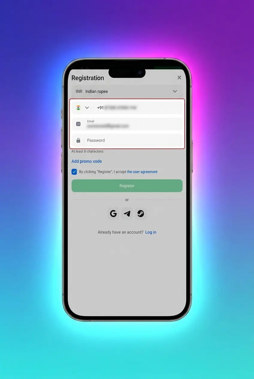 1win sign up registration form showing step-by-step account creation process with phone, email, and social media options