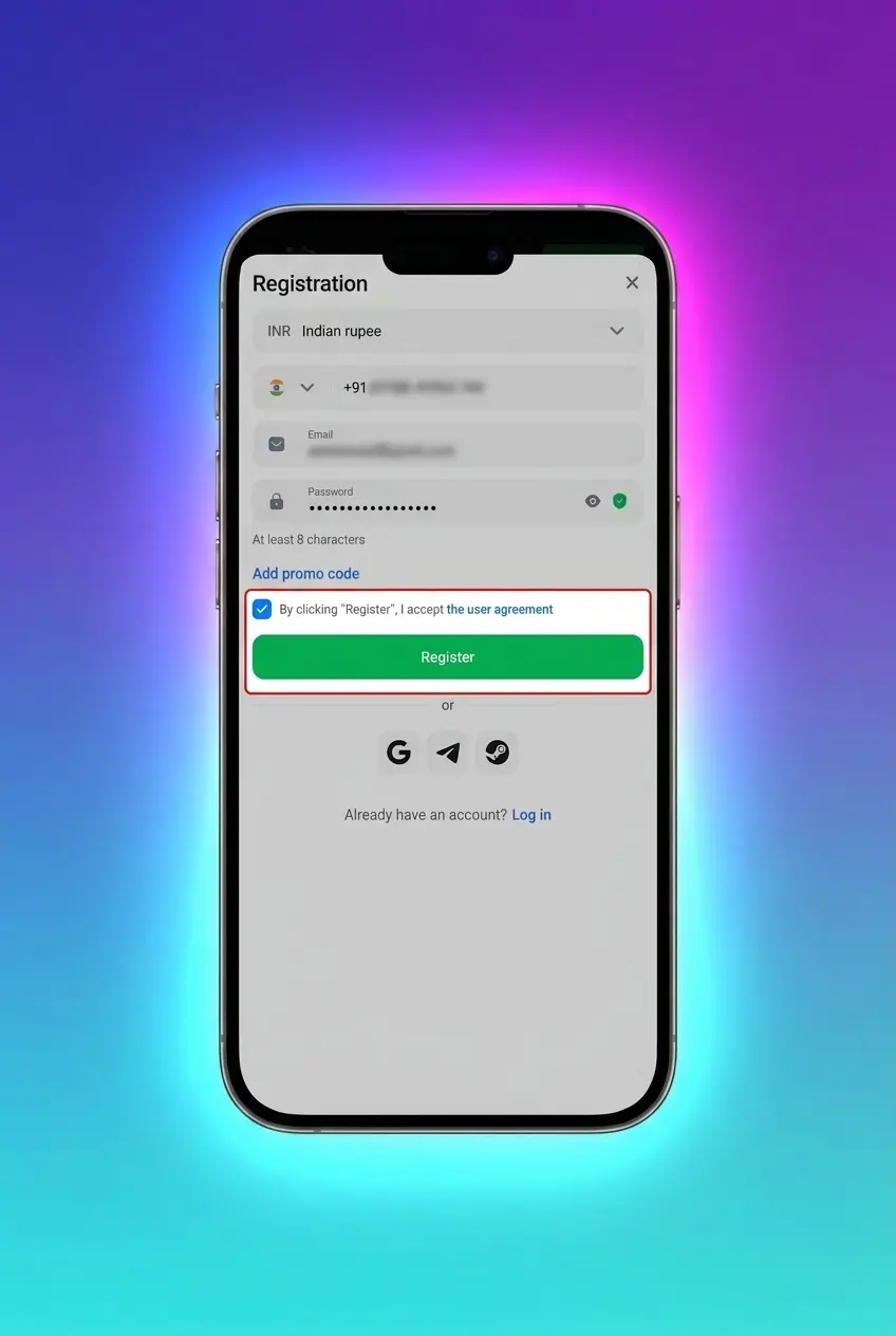 1win sign up form displayed on screen showing registration steps with phone, email, Google, and social media options