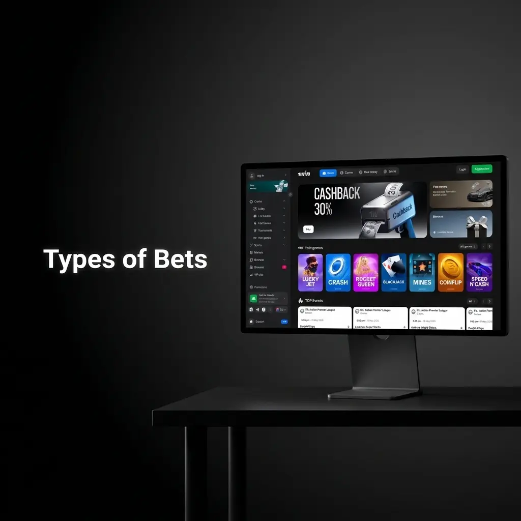 1win bet types diagram showing Single, Express Accumulator, and System bet structures with risk and reward profiles