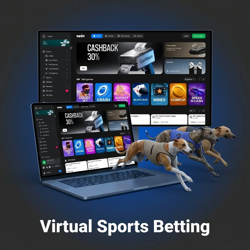 Virtual sports betting on 1win showing AI-driven simulations of football, cricket, horse racing and basketball available 24/7