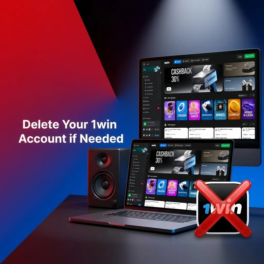 1win account deletion process showing support chat, cashier withdrawal, identity verification, and confirmation steps