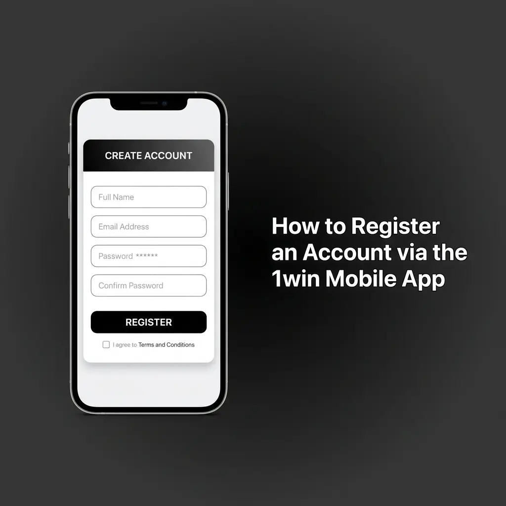Step-by-step 1win mobile app account registration screen showing sign-up options for phone, email, or social media