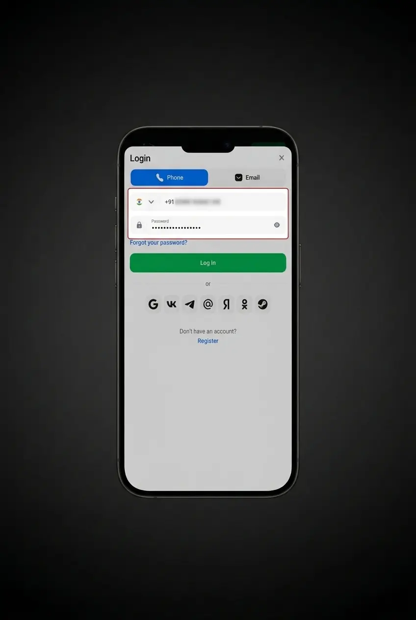 1win mobile app login screen on Android and iOS showing email, phone, social network, and one-click sign-in options