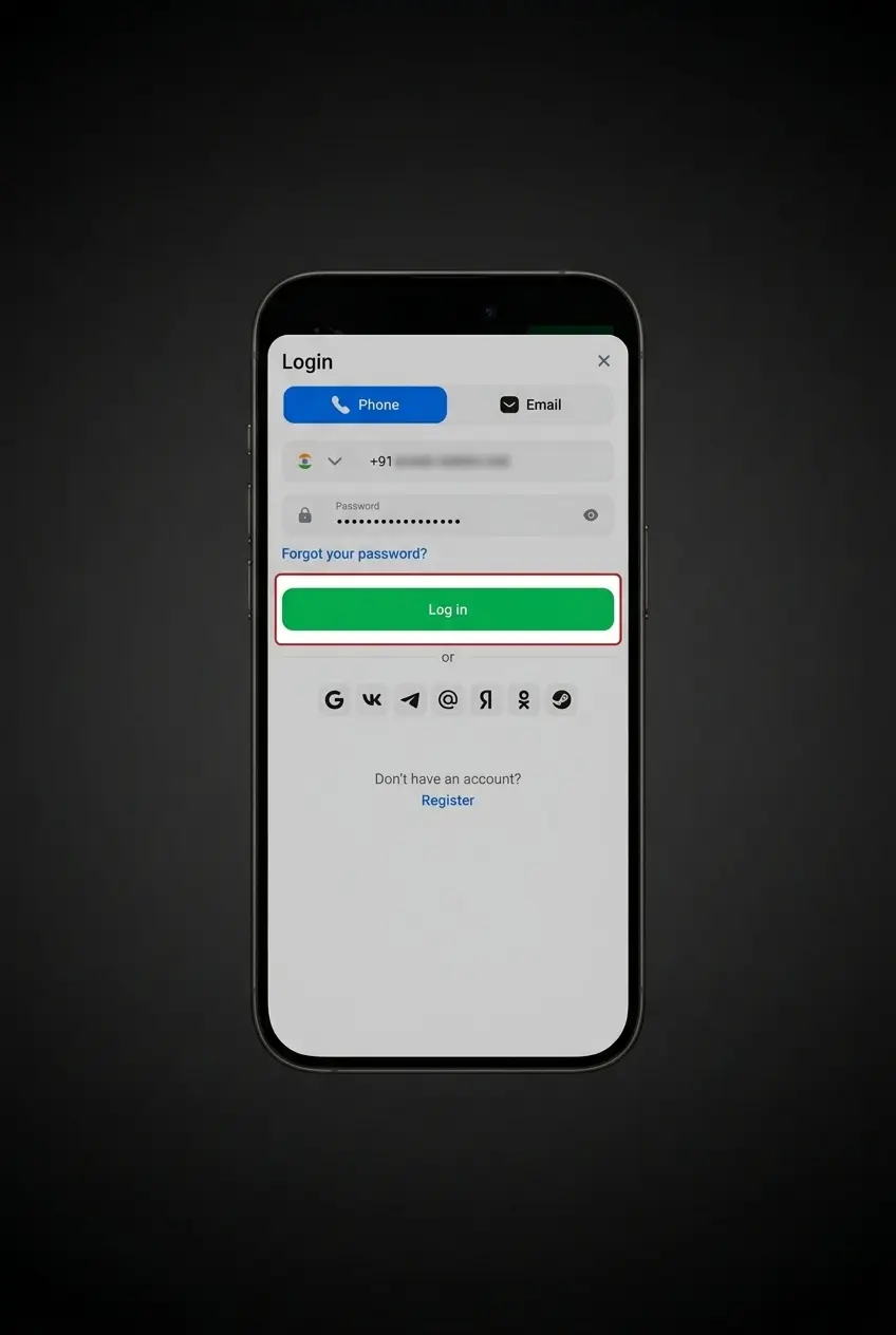 1win mobile app login screen on Android and iOS showing email, phone, social network, and one-click sign-in options
