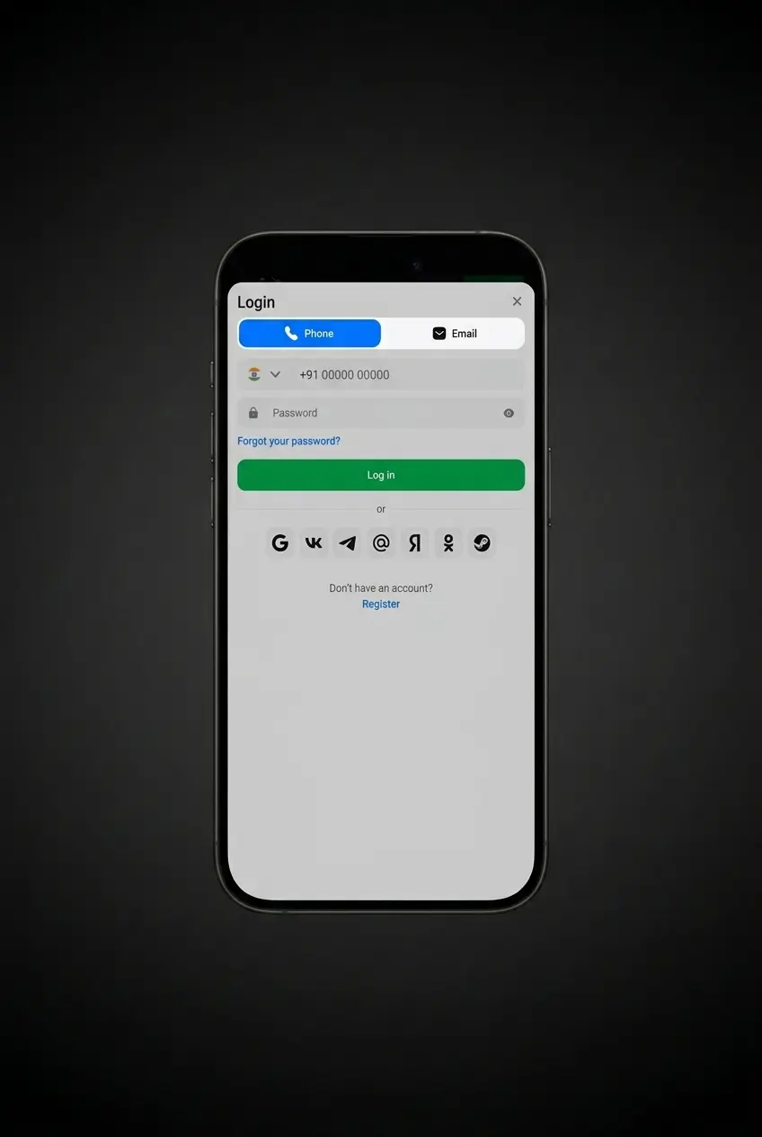 1win mobile app login screen on Android or iOS showing sign in options including email phone social network and one-click