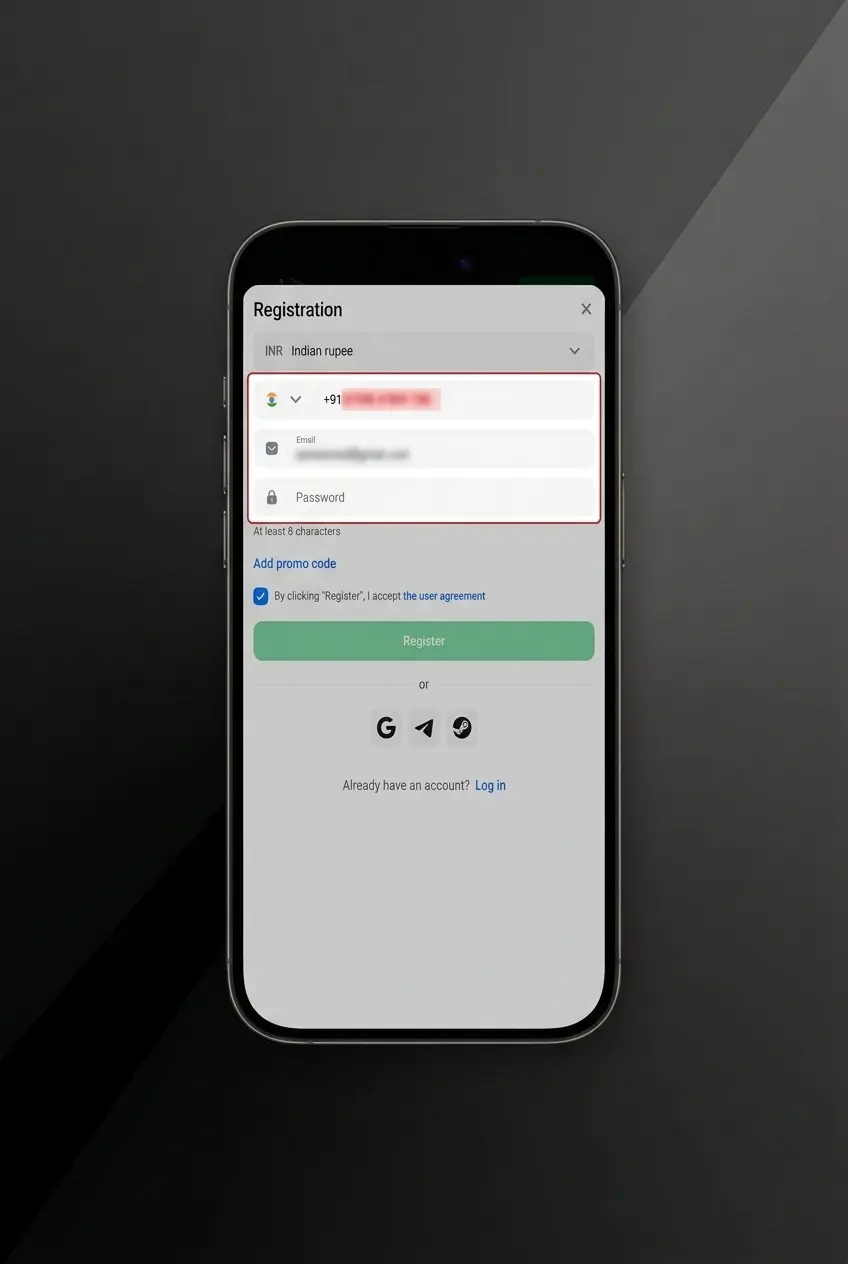 1win app registration screen showing step-by-step sign-up process for Indian users aged 18 and above using INR currency