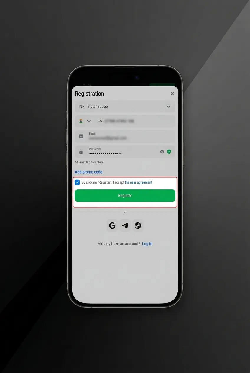 1win app registration steps showing sign-up process for users aged 18 and above using phone, email, or social media in India